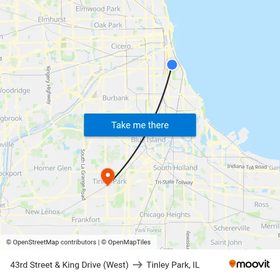43rd Street & King Drive (West) to Tinley Park, IL map