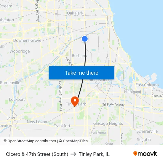 Cicero & 47th Street (South) to Tinley Park, IL map