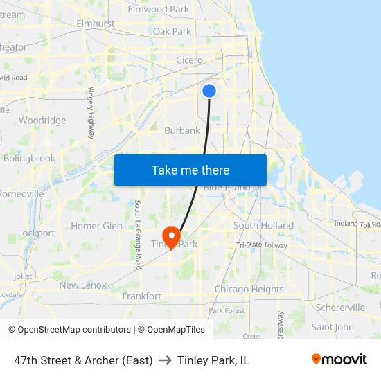 47th Street & Archer (East) to Tinley Park, IL map