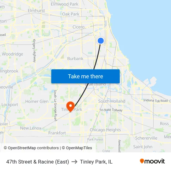 47th Street & Racine (East) to Tinley Park, IL map