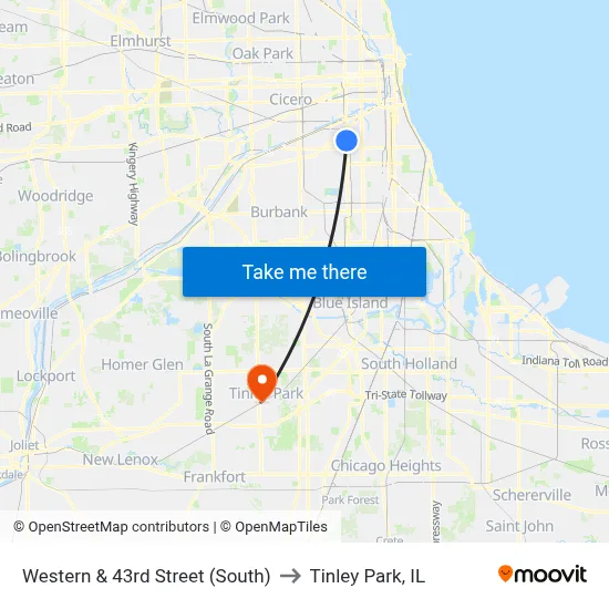 Western & 43rd Street (South) to Tinley Park, IL map