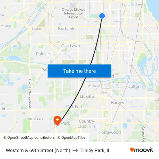 Western & 69th Street (North) to Tinley Park, IL map