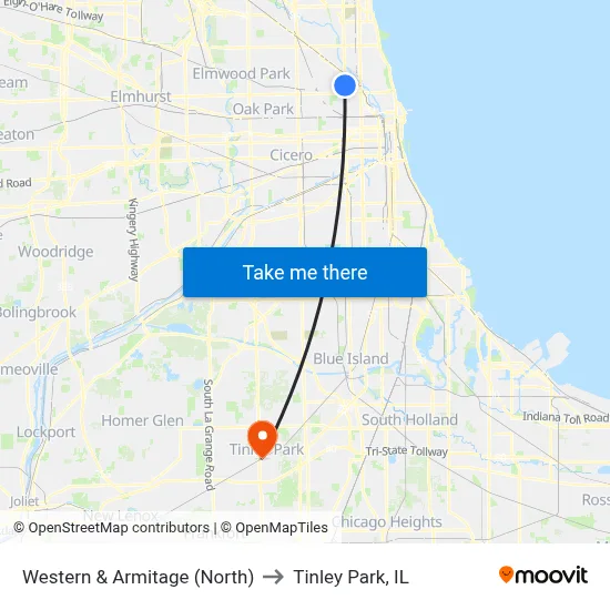 Western & Armitage (North) to Tinley Park, IL map