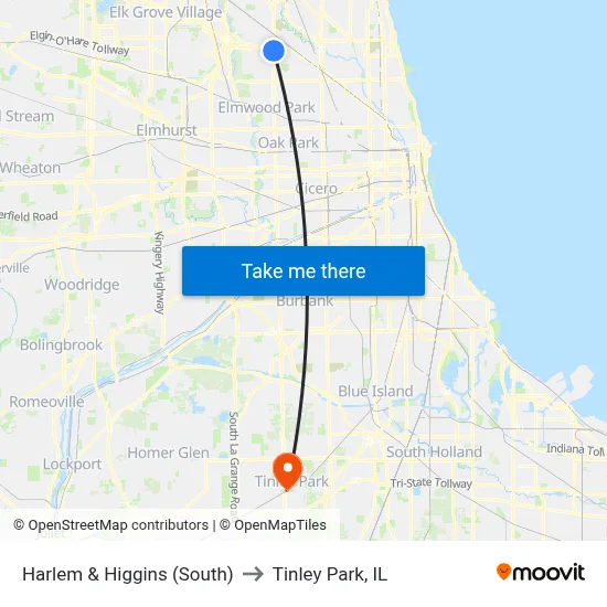Harlem & Higgins (South) to Tinley Park, IL map