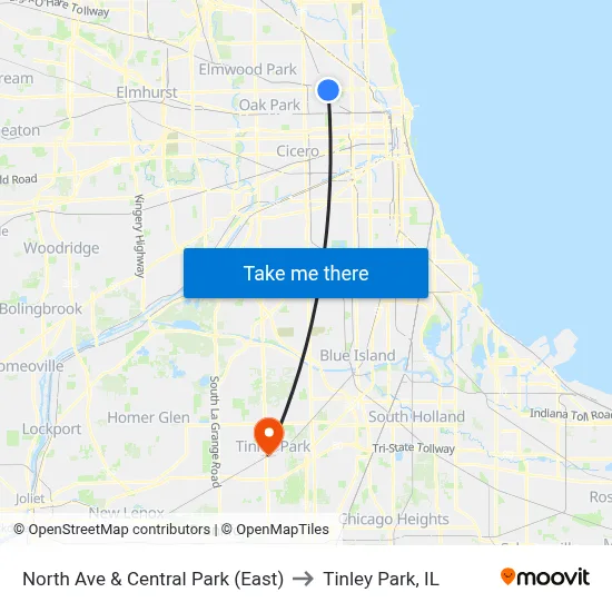 North Ave & Central Park (East) to Tinley Park, IL map