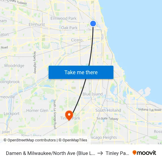 Damen & Milwaukee/North Ave (Blue Line) (North) to Tinley Park, IL map