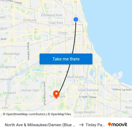 North Ave & Milwaukee/Damen (Blue Line) (East) to Tinley Park, IL map