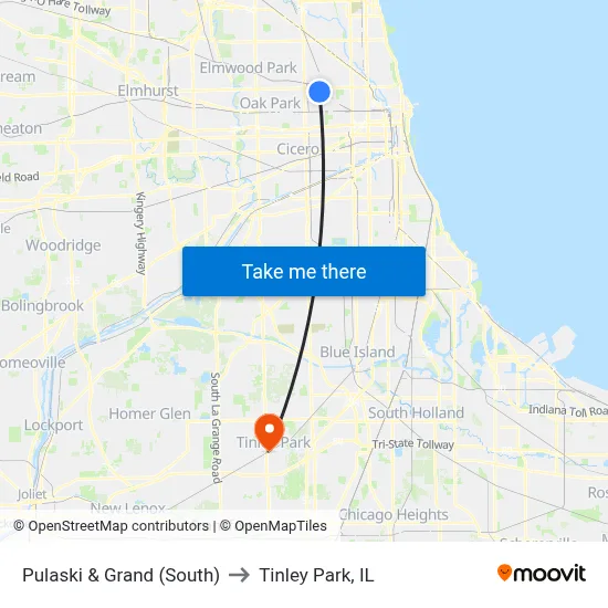 Pulaski & Grand (South) to Tinley Park, IL map