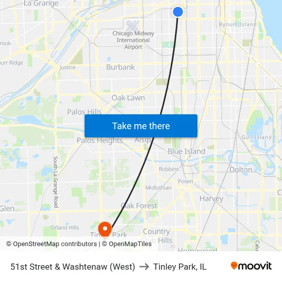 51st Street & Washtenaw (West) to Tinley Park, IL map