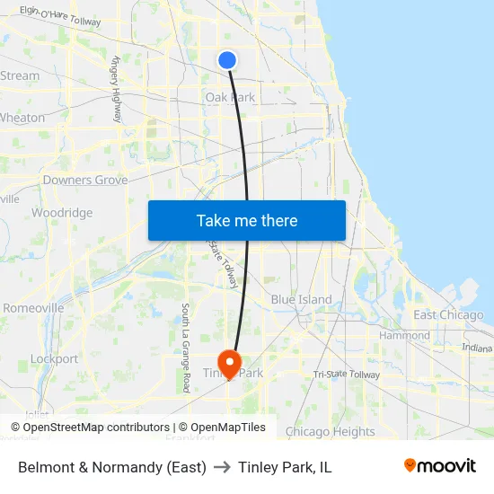 Belmont & Normandy (East) to Tinley Park, IL map