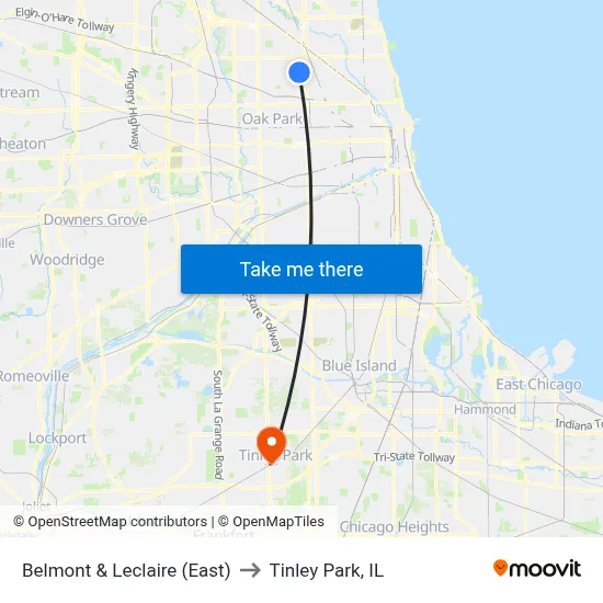 Belmont & Leclaire (East) to Tinley Park, IL map