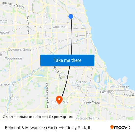 Belmont & Milwaukee (East) to Tinley Park, IL map