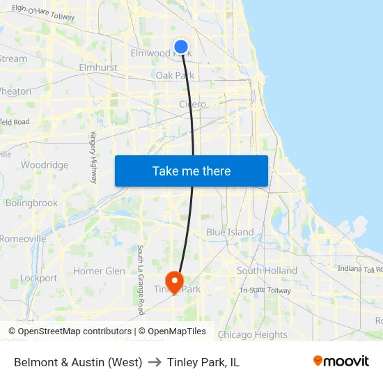 Belmont & Austin (West) to Tinley Park, IL map