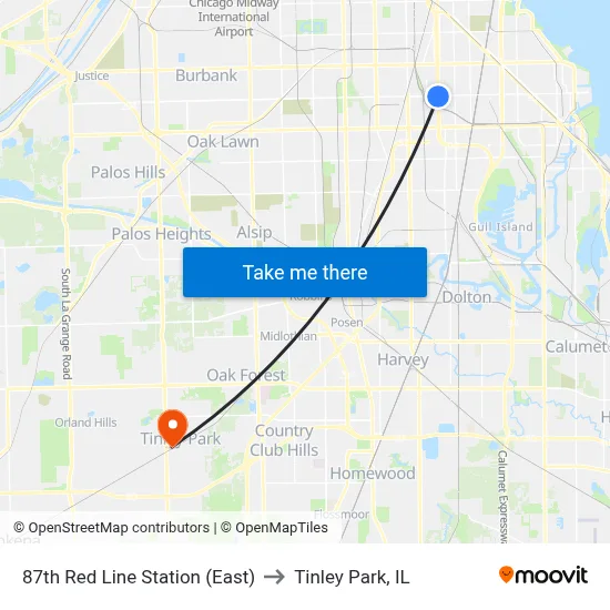 87th Red Line Station (East) to Tinley Park, IL map