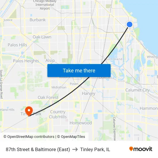 87th Street & Baltimore (East) to Tinley Park, IL map