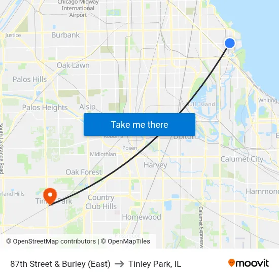 87th Street & Burley (East) to Tinley Park, IL map