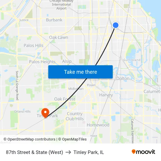 87th Street & State (West) to Tinley Park, IL map