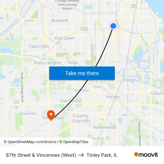 87th Street & Vincennes (West) to Tinley Park, IL map