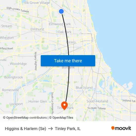 Higgins & Harlem (Se) to Tinley Park, IL map