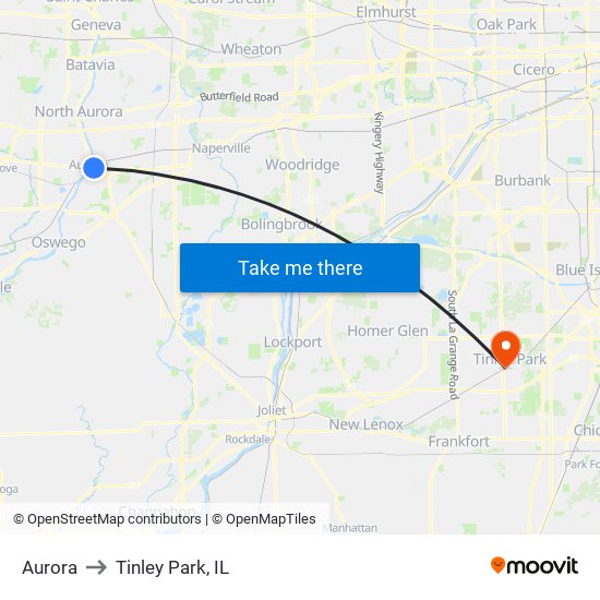 Aurora to Tinley Park, IL map