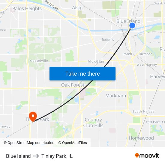 Blue Island to Tinley Park, IL map