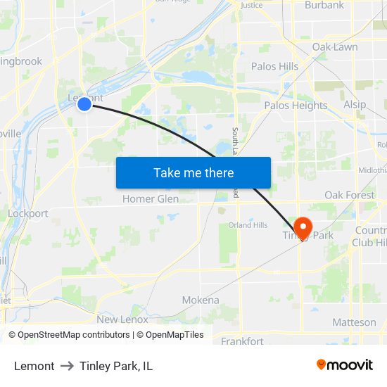 Lemont to Tinley Park, IL map