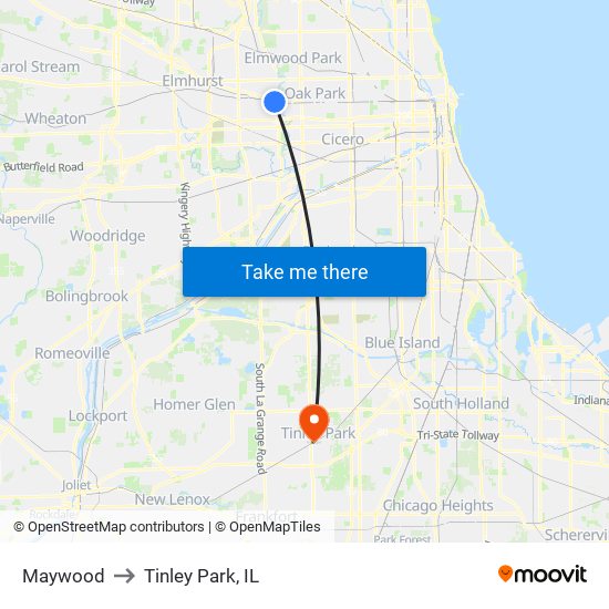Maywood to Tinley Park, IL map