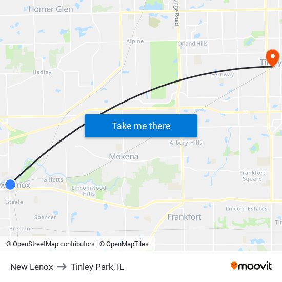 New Lenox to Tinley Park, IL map