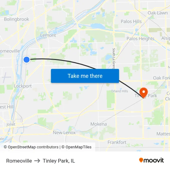 Romeoville to Tinley Park, IL map