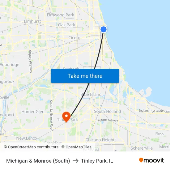 Michigan & Monroe (South) to Tinley Park, IL map