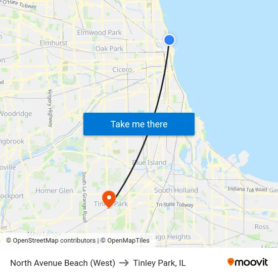 North Avenue Beach (West) to Tinley Park, IL map