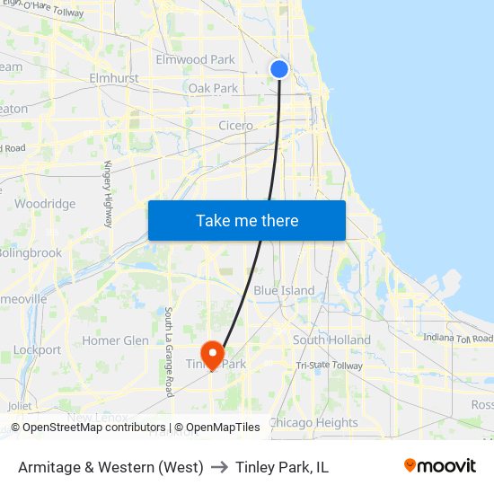 Armitage & Western (West) to Tinley Park, IL map