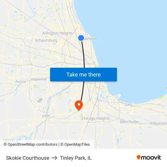 Skokie Courthouse to Tinley Park, IL map