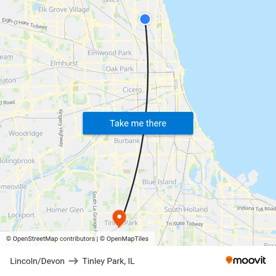 Lincoln/Devon to Tinley Park, IL map