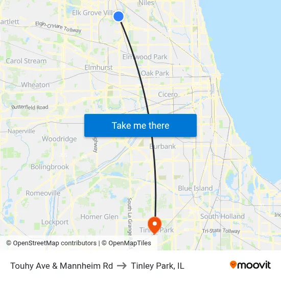 Touhy Ave & Mannheim Rd to Tinley Park, IL map