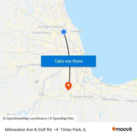 Milwaukee Ave & Golf Rd to Tinley Park, IL map