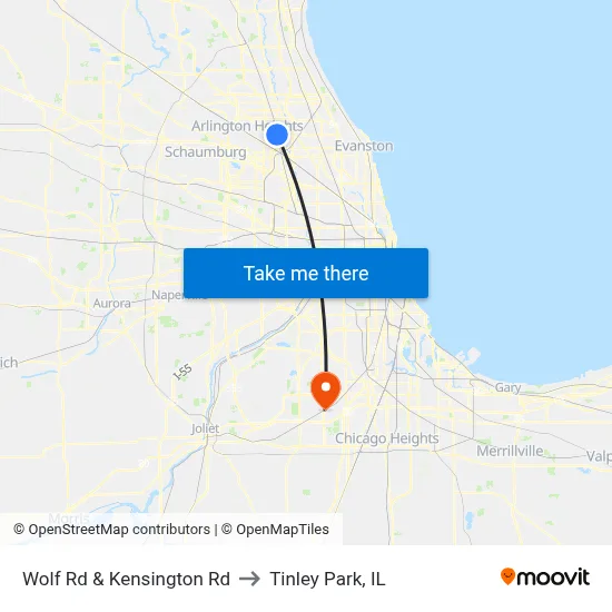 Wolf Rd & Kensington Rd to Tinley Park, IL map