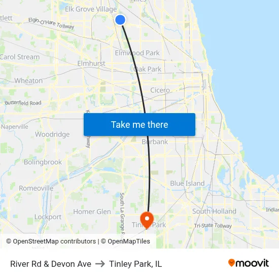 River Rd & Devon Ave to Tinley Park, IL map