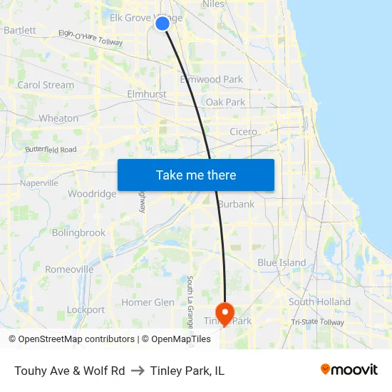 Touhy Ave & Wolf Rd to Tinley Park, IL map