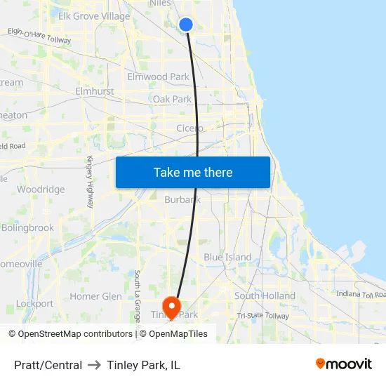 Pratt/Central to Tinley Park, IL map