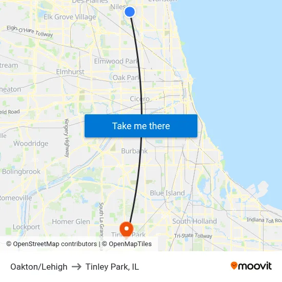 Oakton/Lehigh to Tinley Park, IL map