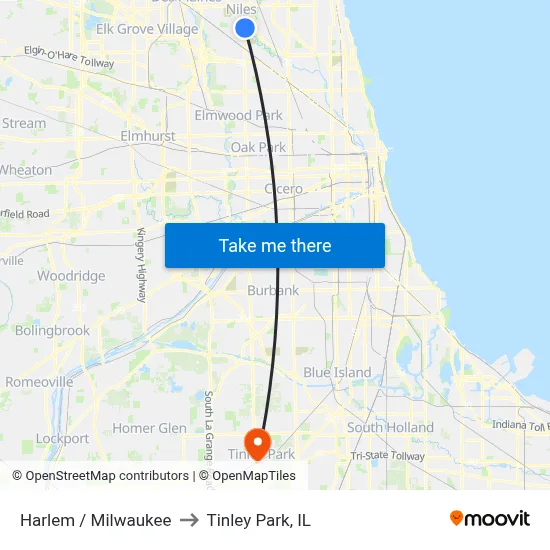 Harlem / Milwaukee to Tinley Park, IL map