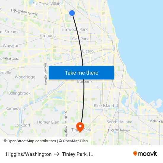 Higgins/Washington to Tinley Park, IL map