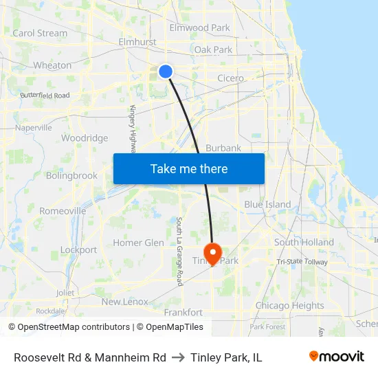 Roosevelt Rd & Mannheim Rd to Tinley Park, IL map