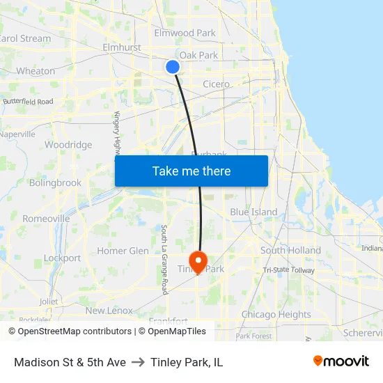 Madison St & 5th Ave to Tinley Park, IL map