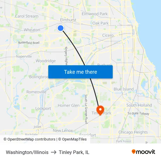 Washington/Illinois to Tinley Park, IL map