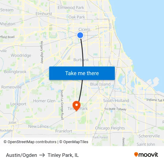 Austin/Ogden to Tinley Park, IL map