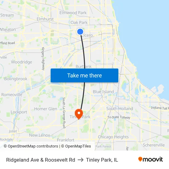 Ridgeland Ave & Roosevelt Rd to Tinley Park, IL map