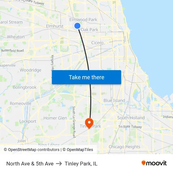 North Ave & 5th Ave to Tinley Park, IL map