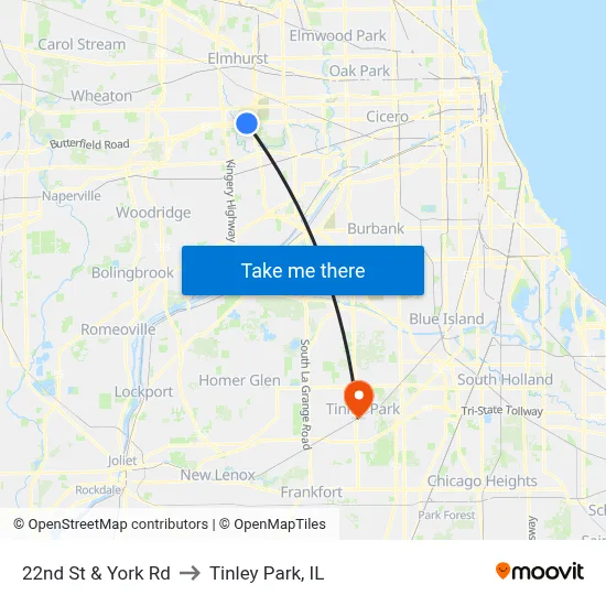22nd St & York Rd to Tinley Park, IL map